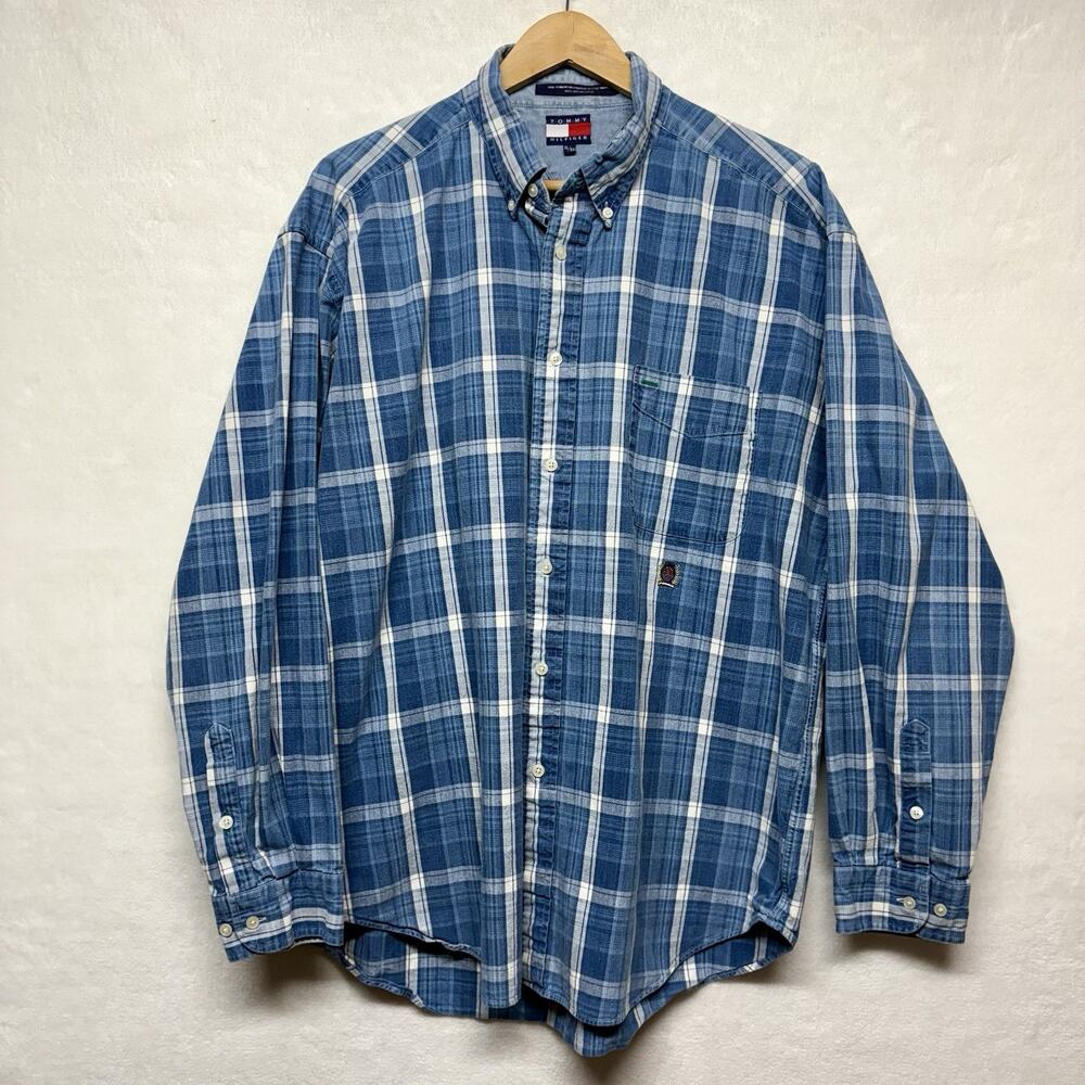 Y2K Vintage Tommy Hilfiger Denim Check Plaid Button Up Long Sleeve Shirt Size XL